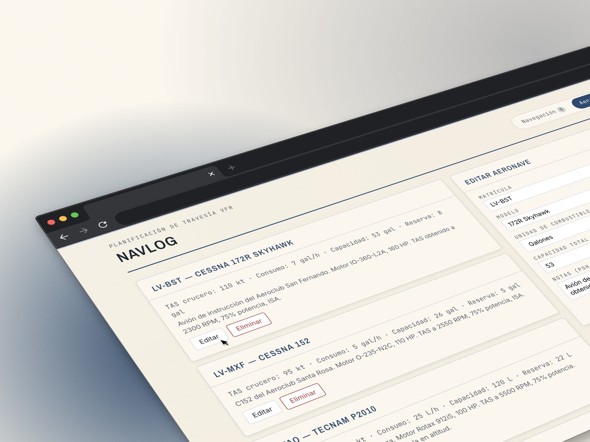 Panel de aeronave en NavLog VFR sobre MacBook — edición de perfil con TAS y consumo de combustible por hora
