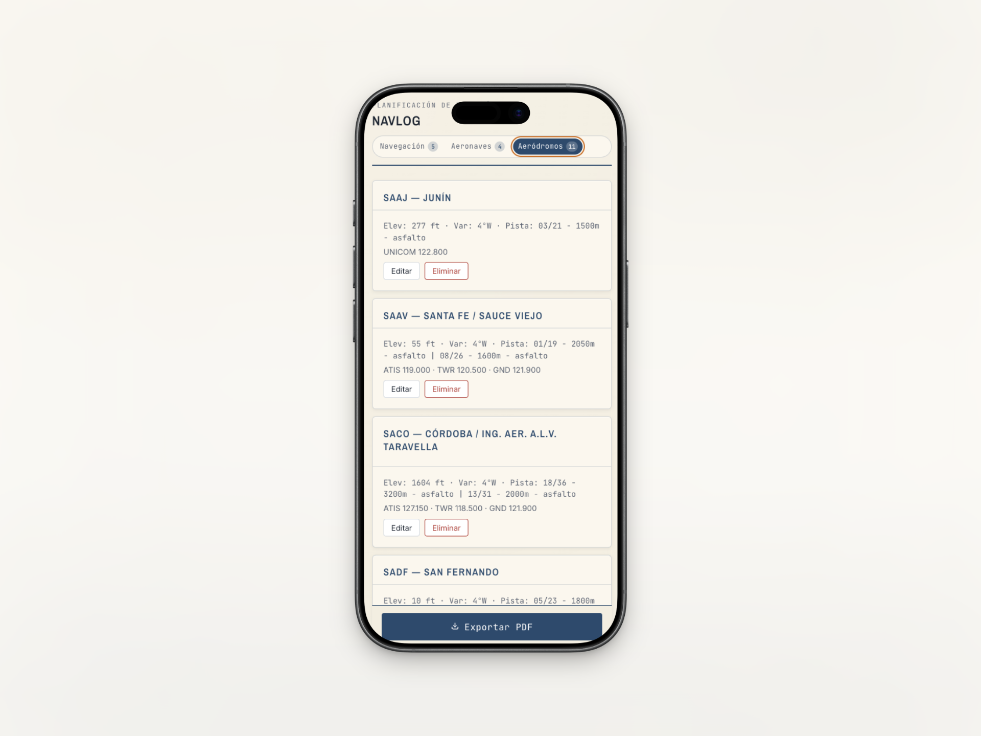 NavLog VFR en dispositivo móvil — tabla de navegación VFR responsiva con legs, rumbos y tiempos calculados